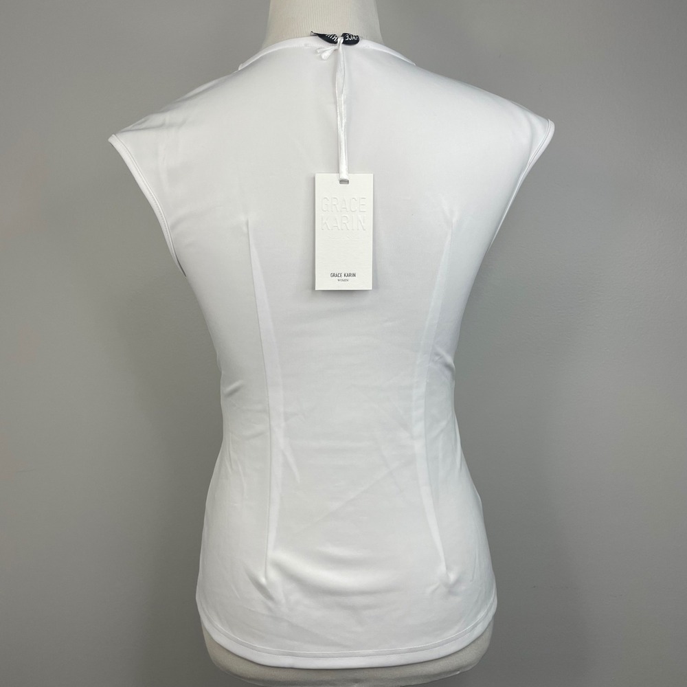 Grace Karin NWT Womens White Sleeveless Wrap V-Neck Blouse Top Side Zip Size S - Picture 3 of 10